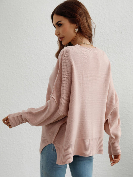 Color-Autumn Winter Long Sleeve round Neck Knitted Loose Split Pullover Women-Fancey Boutique