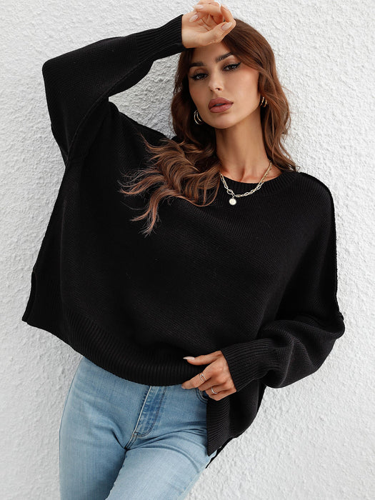 Color-Autumn Winter Long Sleeve round Neck Knitted Loose Split Pullover Women-Fancey Boutique