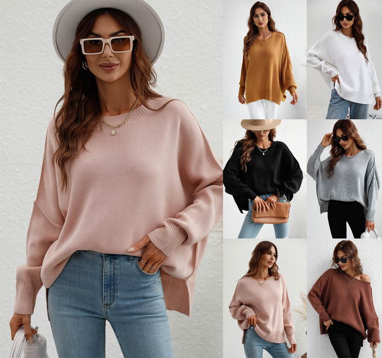 Color-Autumn Winter Long Sleeve round Neck Knitted Loose Split Pullover Women-Fancey Boutique