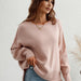 Color-Pink-Autumn Winter Long Sleeve round Neck Knitted Loose Split Pullover Women-Fancey Boutique