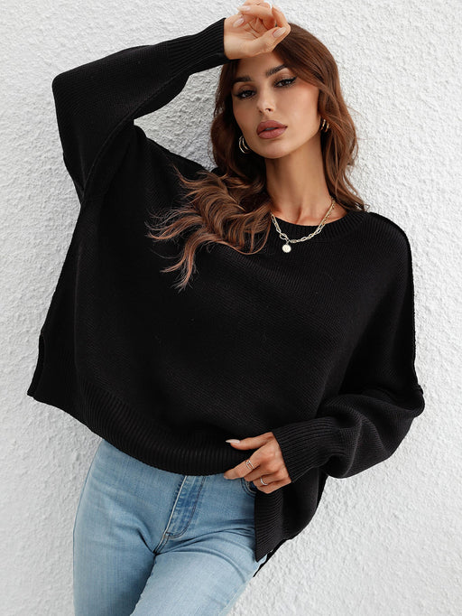 Color-Black-Autumn Winter Long Sleeve round Neck Knitted Loose Split Pullover Women-Fancey Boutique