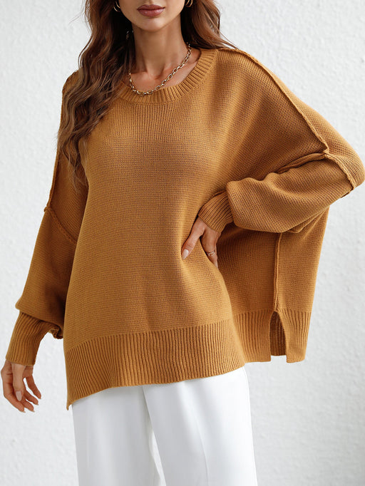 Color-Yellow-Autumn Winter Long Sleeve round Neck Knitted Loose Split Pullover Women-Fancey Boutique