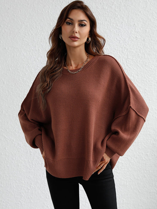 Color-Brick Red-Autumn Winter Long Sleeve round Neck Knitted Loose Split Pullover Women-Fancey Boutique