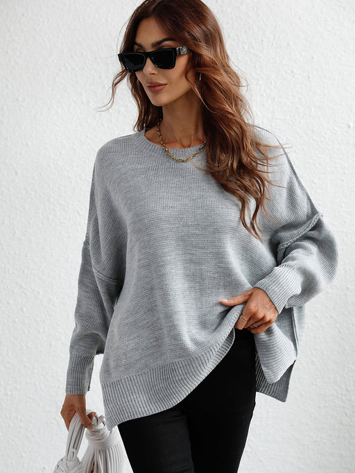 Color-Light Gray-Autumn Winter Long Sleeve round Neck Knitted Loose Split Pullover Women-Fancey Boutique