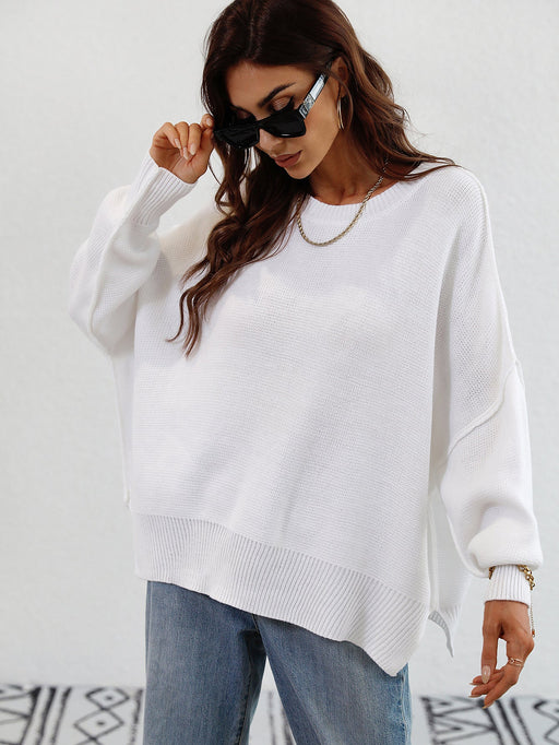 Color-White-Autumn Winter Long Sleeve round Neck Knitted Loose Split Pullover Women-Fancey Boutique