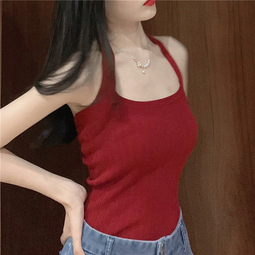 Color-Halter Sleeveless Wine Red White Neck Bow Design Vest for Women-Fancey Boutique