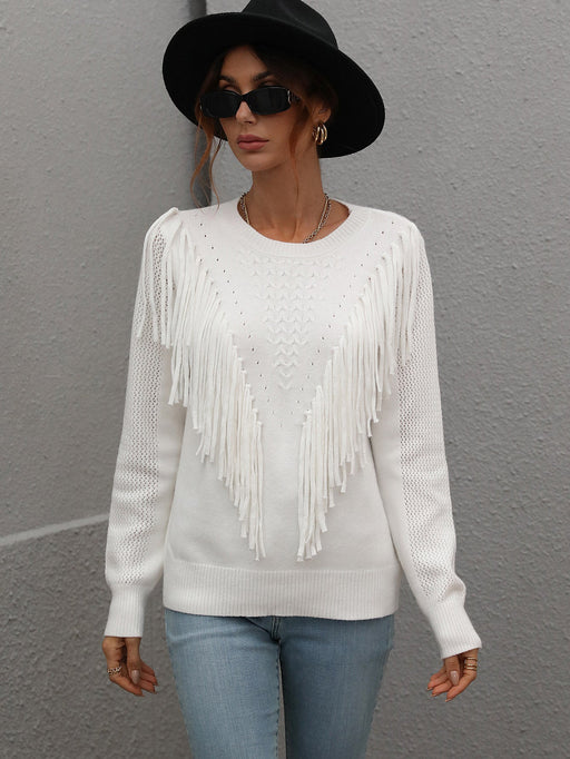 Color-White-Pullover Women Loose Solid Color Sweater Tassel Sweater Women-Fancey Boutique