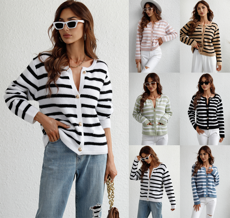 Color-Autumn Winter Striped Loose Women Clothing Sweater Women Single Breasted Cardigan Sweater-Fancey Boutique