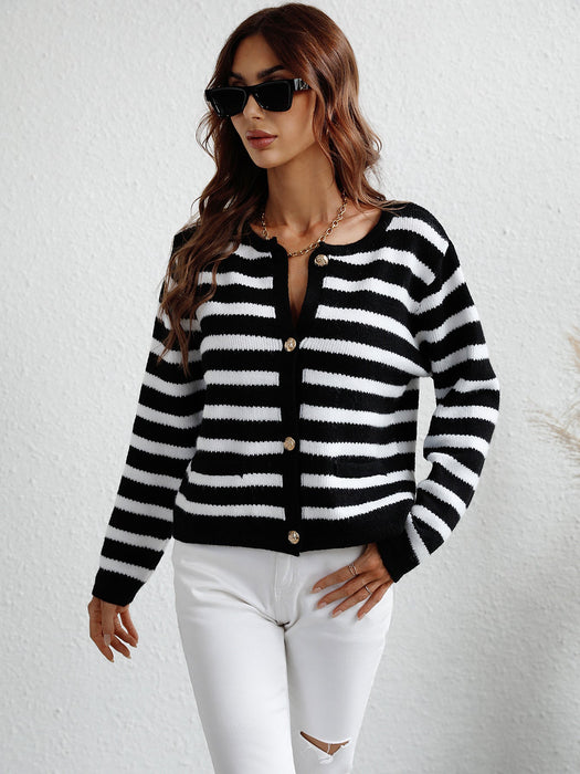 Color-Black-Autumn Winter Striped Loose Women Clothing Sweater Women Single Breasted Cardigan Sweater-Fancey Boutique