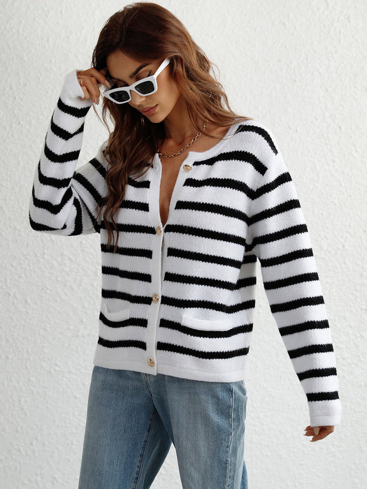 Color-White-Autumn Winter Striped Loose Women Clothing Sweater Women Single Breasted Cardigan Sweater-Fancey Boutique