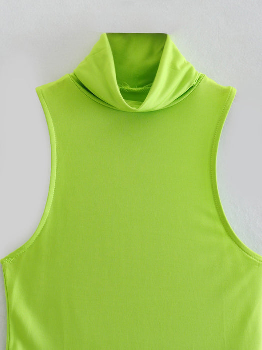 Color-Summer Women Clothing Fluorescent Green Turtleneck Solid Color Slim Fit Sleeveless-Fancey Boutique