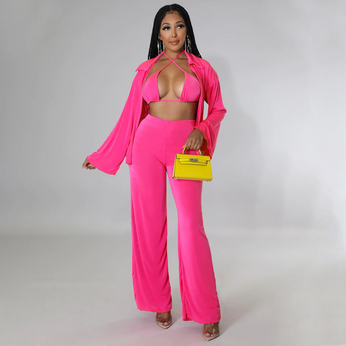 Color-Women Clothing Long-Sleeved Bikini Wide-Leg Pants Solid Color Casual Set-Fancey Boutique