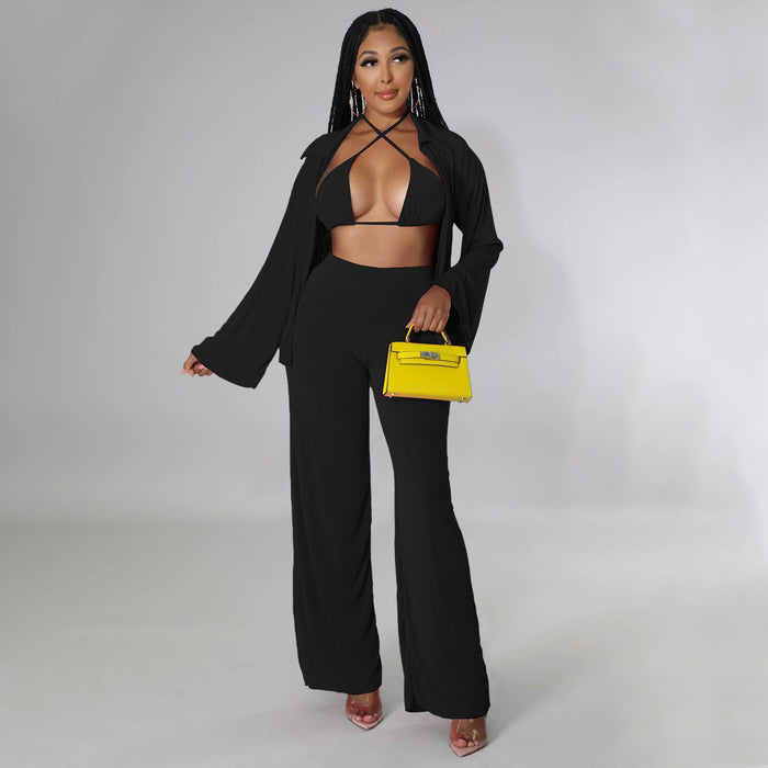 Color-Women Clothing Long-Sleeved Bikini Wide-Leg Pants Solid Color Casual Set-Fancey Boutique