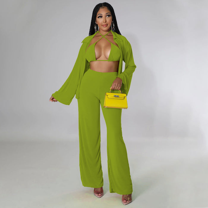 Color-Women Clothing Long-Sleeved Bikini Wide-Leg Pants Solid Color Casual Set-Fancey Boutique