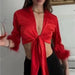 Color-American-Style Collared Short Sexy Furry Long-Sleeved Shirt Women Spring Summer Pure Sexy Lace-up Cardigan Red Top-Fancey Boutique