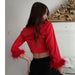 Color-American-Style Collared Short Sexy Furry Long-Sleeved Shirt Women Spring Summer Pure Sexy Lace-up Cardigan Red Top-Fancey Boutique