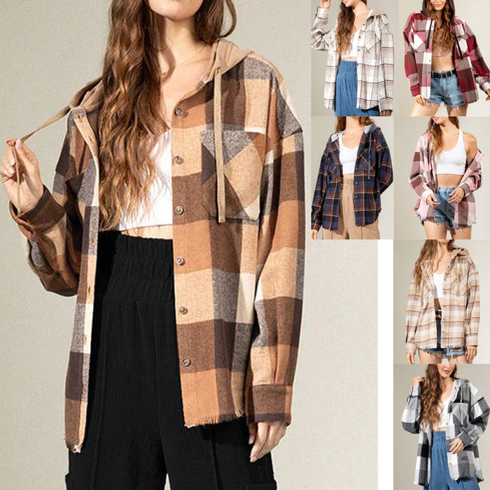 Color-Women Autumn Winter Plaid Shirt Button Down Jacket Coat Plaid Shacket Jacket Clothing with Pocket Cozy Long Sleeve Casual Boyfriend Shirt-Fancey Boutique