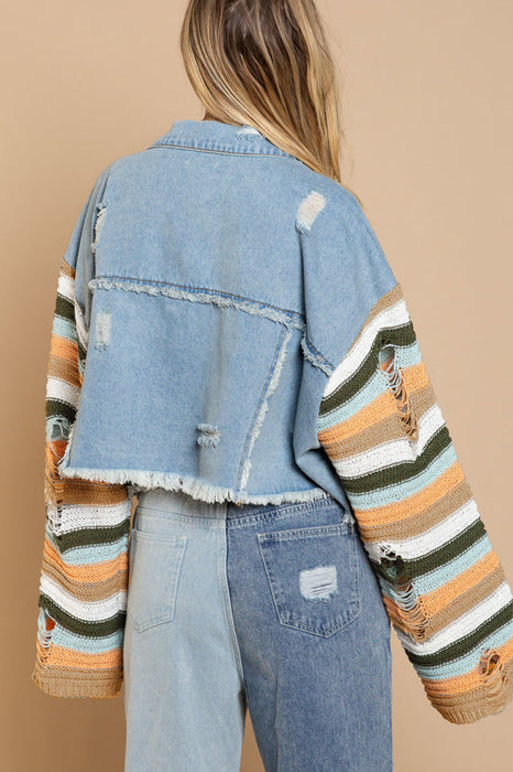 Color-Autumn Winter Popular Women Denim Jacket Rainbow Long Sleeve Splicing Coat-Fancey Boutique