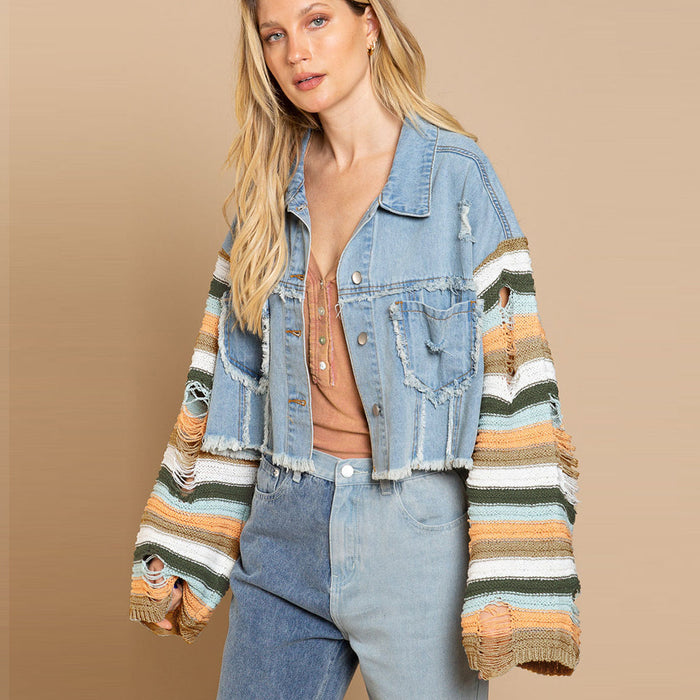 Color-Autumn Winter Popular Women Denim Jacket Rainbow Long Sleeve Splicing Coat-Fancey Boutique