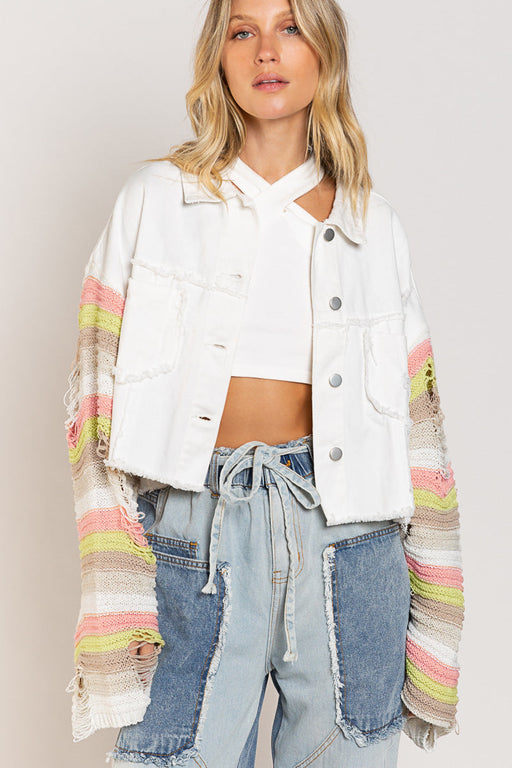 Color-White-Autumn Winter Popular Women Denim Jacket Rainbow Long Sleeve Splicing Coat-Fancey Boutique