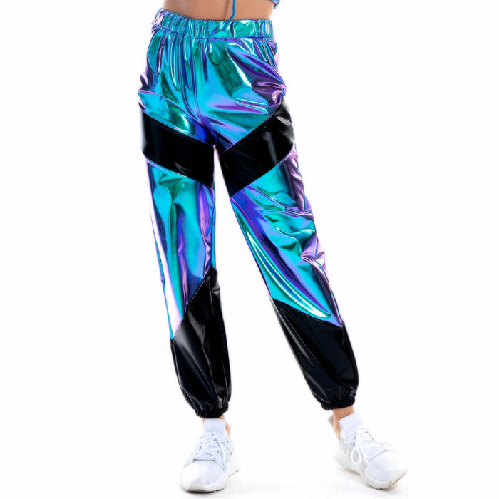 Color-Laser Blue-Contrast Color Trousers Women Bronzing Patent Leather Colorful Laser Pocket Loose Women Pants-Fancey Boutique