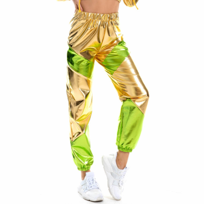 Color-Gold-Contrast Color Trousers Women Bronzing Patent Leather Colorful Laser Pocket Loose Women Pants-Fancey Boutique