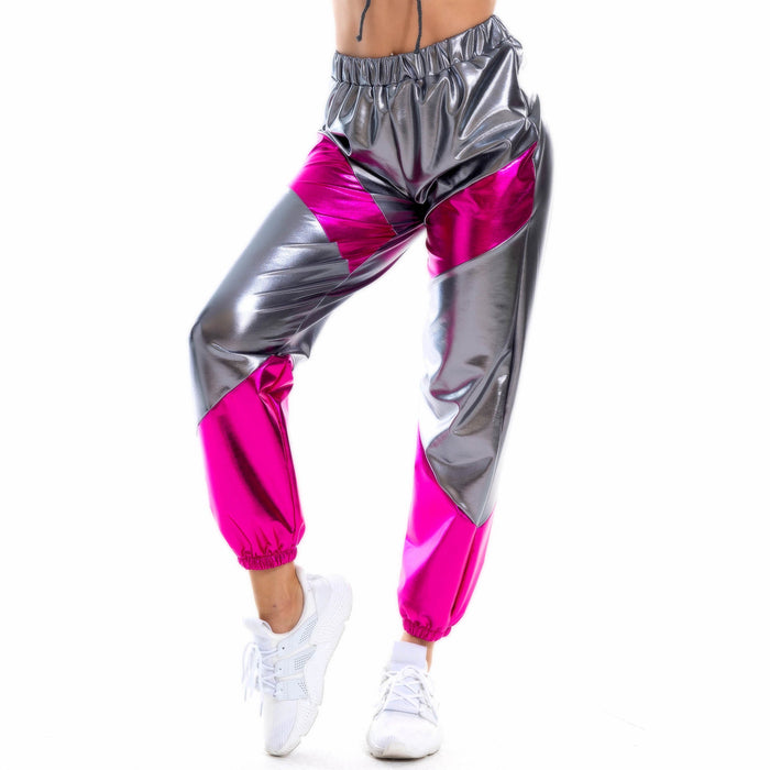 Color-Contrast Color Trousers Women Bronzing Patent Leather Colorful Laser Pocket Loose Women Pants-Fancey Boutique