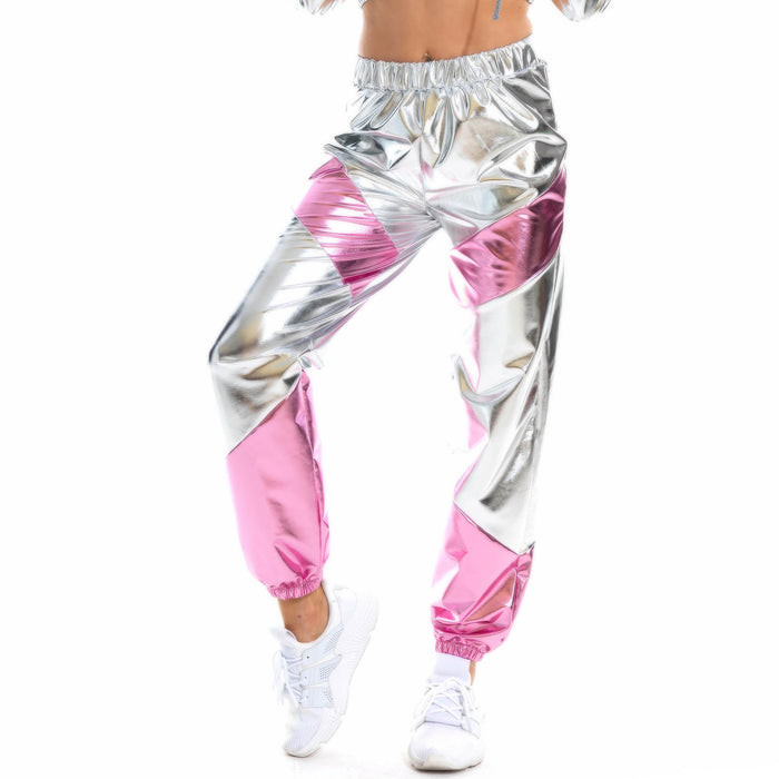 Color-Silver-Contrast Color Trousers Women Bronzing Patent Leather Colorful Laser Pocket Loose Women Pants-Fancey Boutique