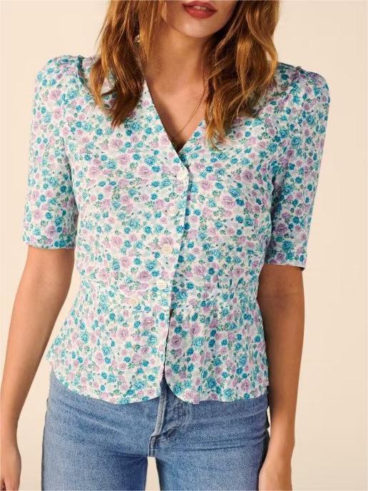 Color-Women Clothing French Hong Kong Retro Floral V-neck Short Sleeve Single-Breasted Shirt Top-Fancey Boutique
