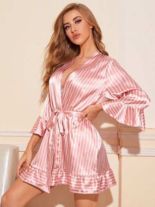 Color-Pink Striped [Outerwear Gown Belt Bra Shorts]]-Summer Sexy Pajamas Home Wear Striped Robe Artificial Silk Leopard Printing Bathrobe Outerwear Gown Three-Point Suit-Fancey Boutique