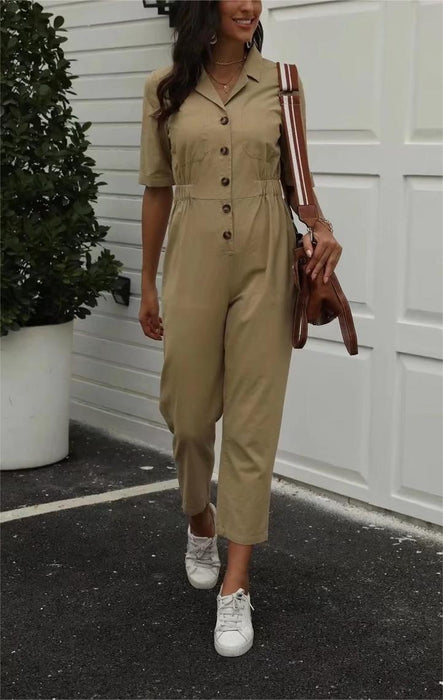 Color-Women Clothing Collared Short Sleeve Chest Pocket Breasted Waist Cargo Overalls Women-Fancey Boutique