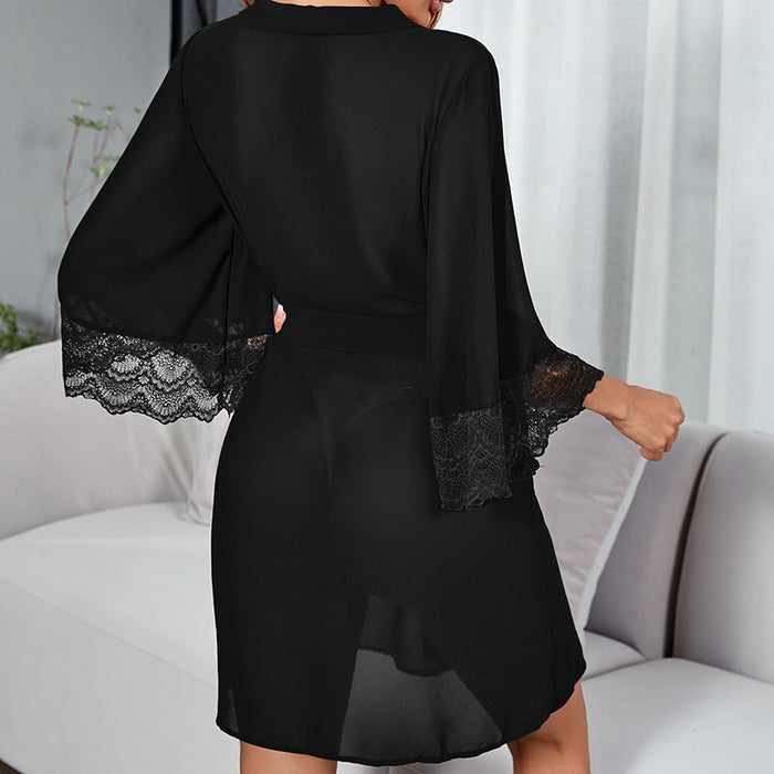 Color-Sexy Pajamas Chiffon Lace Stitching See-through Nightgown Temptation Women Cardigan Outerwear Gown-Fancey Boutique
