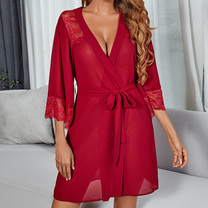 Color-Wine Red [Outerwear Gown Belt]]-Sexy Pajamas Chiffon Lace Stitching See-through Nightgown Temptation Women Cardigan Outerwear Gown-Fancey Boutique