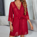 Color-Wine Red [Outerwear Gown Belt]]-Sexy Pajamas Chiffon Lace Stitching See-through Nightgown Temptation Women Cardigan Outerwear Gown-Fancey Boutique