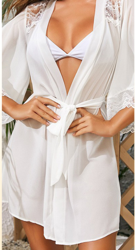 Color-White【 Outerwear Gown Belt]]-Sexy Pajamas Chiffon Lace Stitching See-through Nightgown Temptation Women Cardigan Outerwear Gown-Fancey Boutique