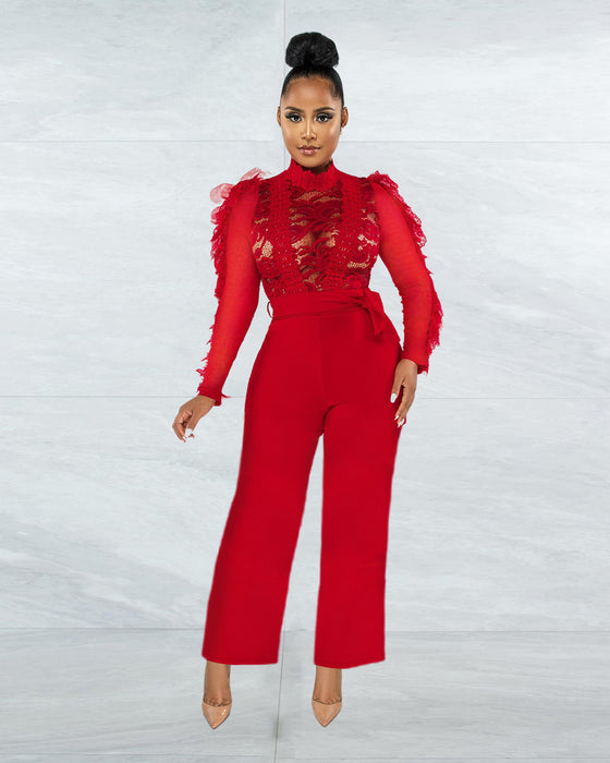 Color-Women Clothing Autumn Winter Eyelash Lace Trousers Sexy See-through Jumpsuit-Fancey Boutique