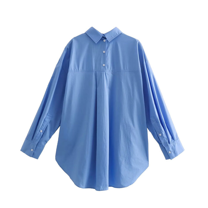 Color-Summer Cotton Solid Color Loose-Fitting Women Shirt Front Rear Collared Poplin Long Sleeve Shirt for Women-Fancey Boutique