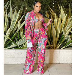 Color-Sexy Mesh See-through Printed Long Sleeve Three-Piece Suit Women Clothing-Fancey Boutique