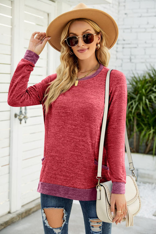 Color-Women Clothing round Neck Multicolor Pocket Long Sleeve Pullover Top Loose-Fitting Casual T-shirt-Fancey Boutique