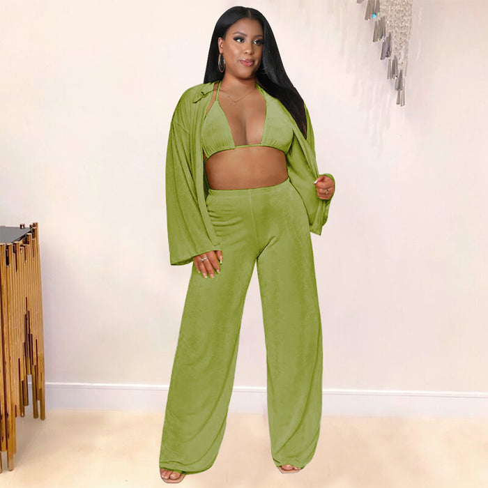 Color-Plus Size Women Clothes Nightclub Sexy Cropped Outfit Cardigan Bell Sleeve Casual Three-Piece Suit-Fancey Boutique