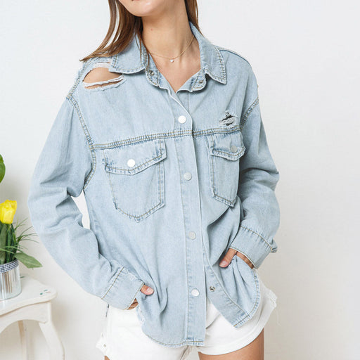 Color-Popular Women Jacket Autumn Winter Long Sleeve Long Ripped Classic Solid Color Denim Jacket-Fancey Boutique