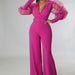 Color-V-neck Mesh Puff Sleeve Special Women Clothing Loose Flared Jumpsuit-Fancey Boutique