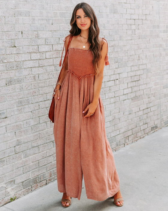 Color-Ladies Summer Sling Smocking Loose Thin Sunken Stripe Wash Wide Leg Side Pocket Jumpsuit-Fancey Boutique