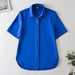 Color-Summer Women Clothing Slit Design Shirt Korean Silk Satin Texture Short Sleeve Polo Collar Top-Fancey Boutique