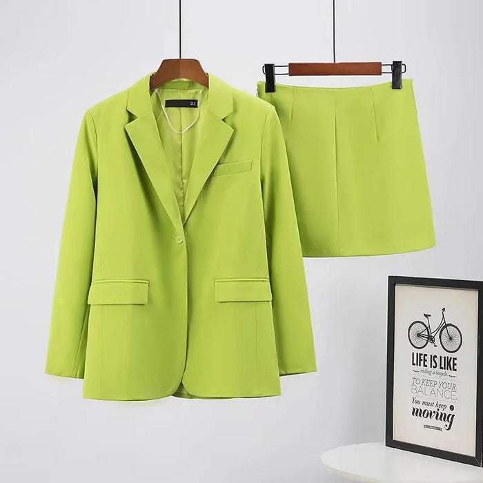 Color-Straight Collared Long Sleeve Blazer Casual High Waist Short Skirt Women Spring Summer Green A line Skirt Set-Fancey Boutique