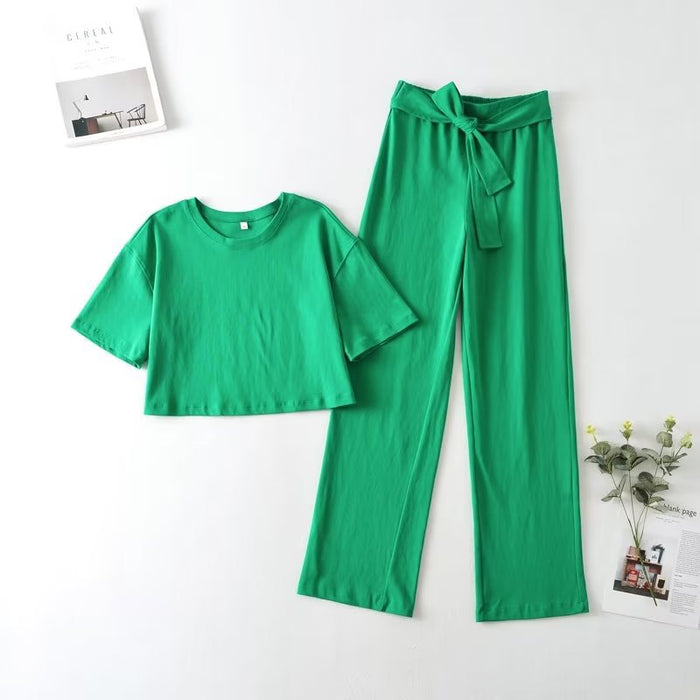 Color-Summer Solid Color O-neck Short Knitted Top Belt Baggy Pants Suit-Fancey Boutique