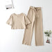 Color-Summer Solid Color O-neck Short Knitted Top Belt Baggy Pants Suit-Fancey Boutique