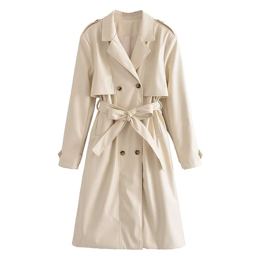 Color-Spring Autumn Casual Women Blazer Collar Button Decoration Faux Leather Belt Trench Coat-Fancey Boutique