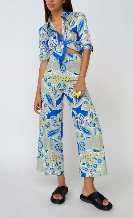 Color-Printed Vertical Cover Shirt Vertical Wide Leg Pants Printed Short Skirt Set-Fancey Boutique