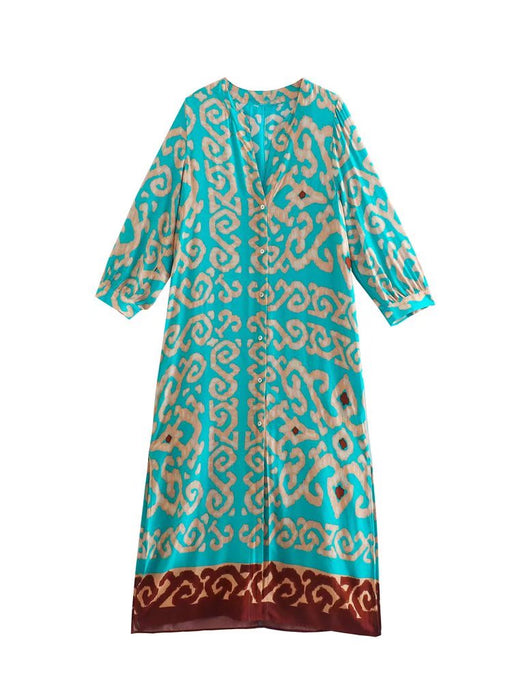 Color-Printed Long Shirt Midi Dress Slimming Women High Waist Tropical Long-Sleeved Dress-Fancey Boutique